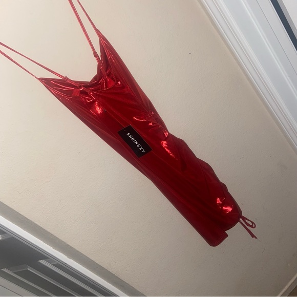 New Red Metallic Draped Cowl Neck Bodycon Mini Dress XS - Picture 2 of 6